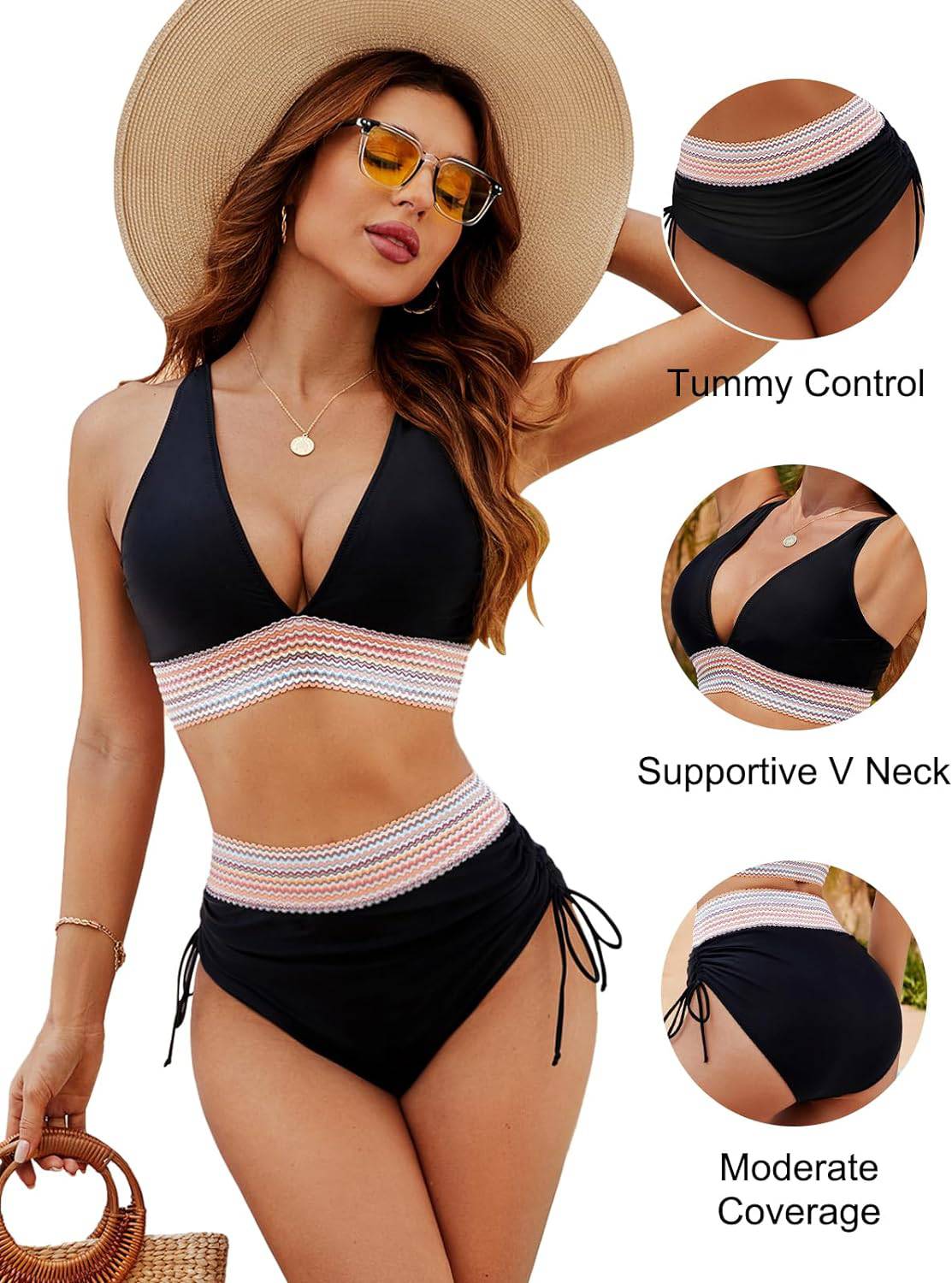 Bikini taille haute pour femme avec contrôle du ventre et bretelles ajustables