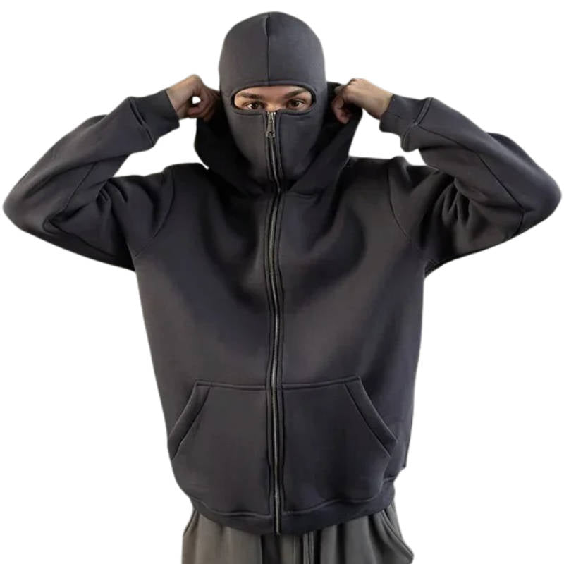 Unisex Kapuzenpullover mit durchgehendem Reißverschluss und integrierter Gesichtsmaske