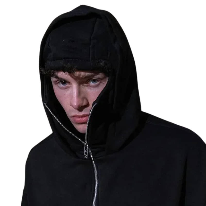 Unisex Kapuzenpullover mit durchgehendem Reißverschluss und integrierter Gesichtsmaske
