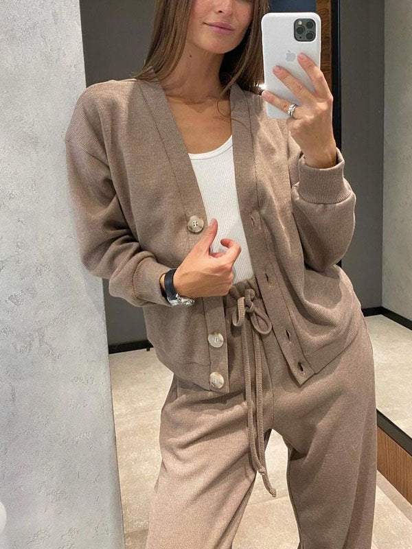 Sandra | Donna Completo Con Pantaloni Gamba Larga Cardigan Maglia Beige