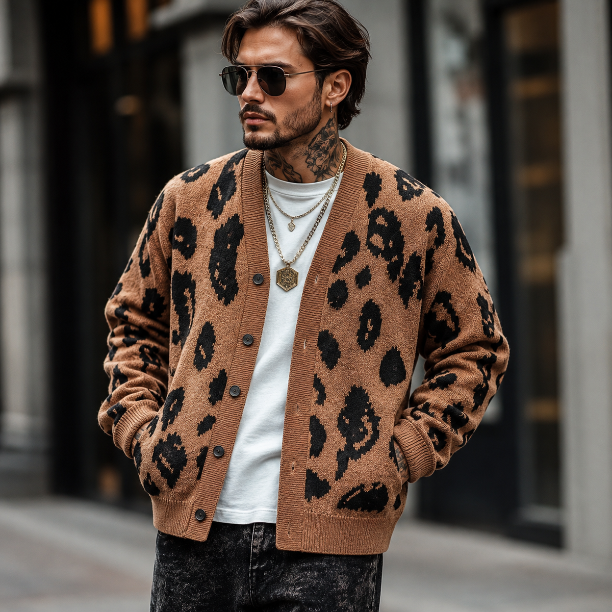 Cardigan tricoté pour homme à imprimé léopard, col en V et boutonnage sur le devant
