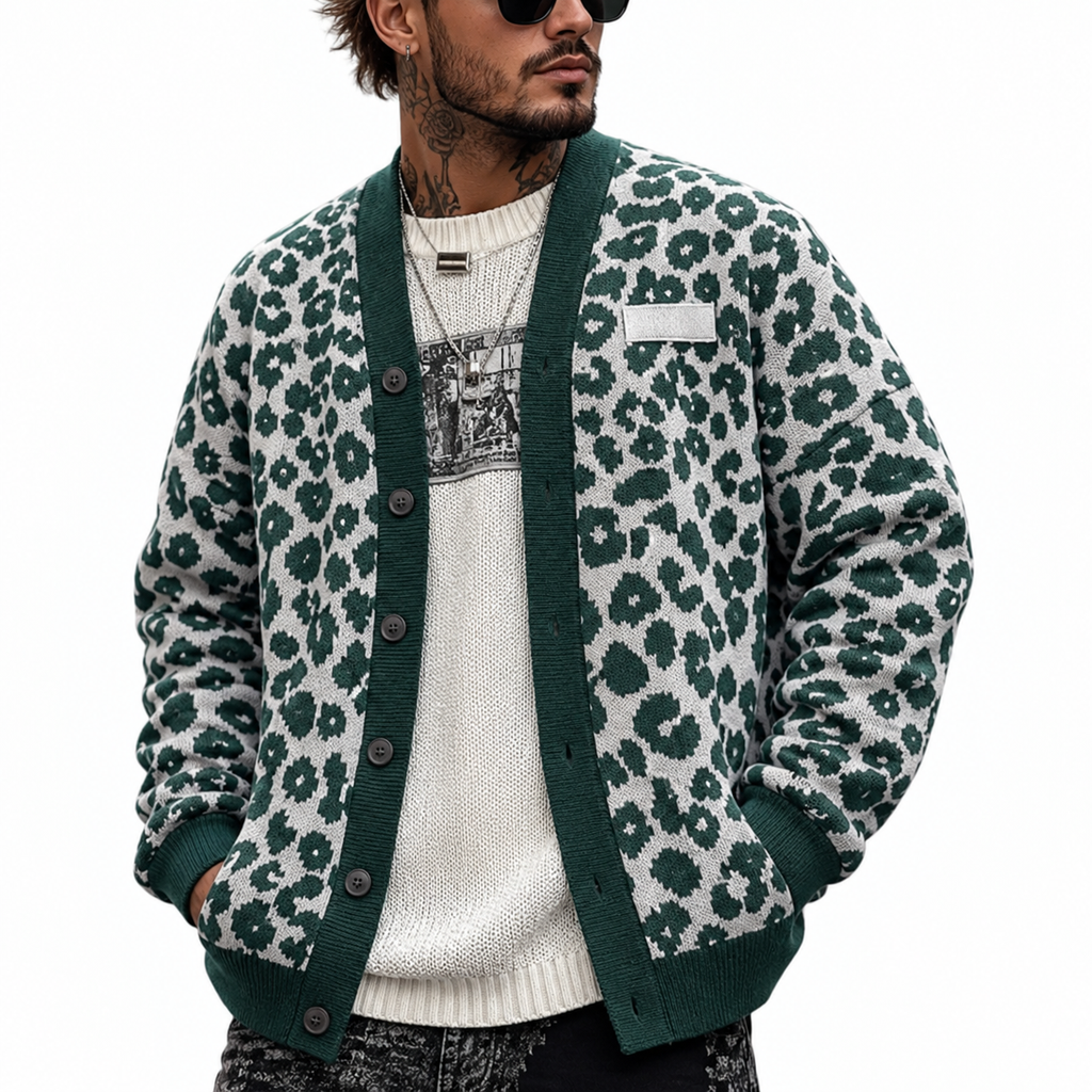 Cardigan tricoté pour homme à imprimé léopard, col en V et boutonnage sur le devant