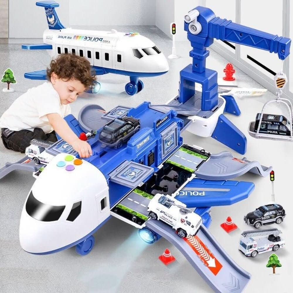 Airplane Toy Playset with Foldable Cargo Ramps Working Crane and Mini Vehicles - Image 1
