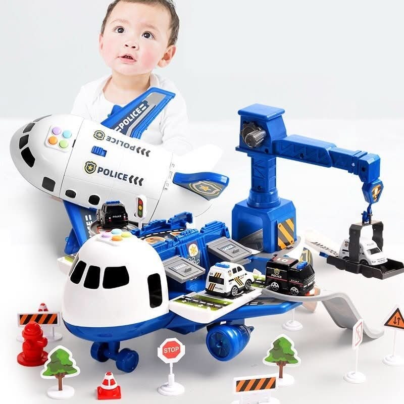 Airplane Toy Playset with Foldable Cargo Ramps Working Crane and Mini Vehicles - Image 6