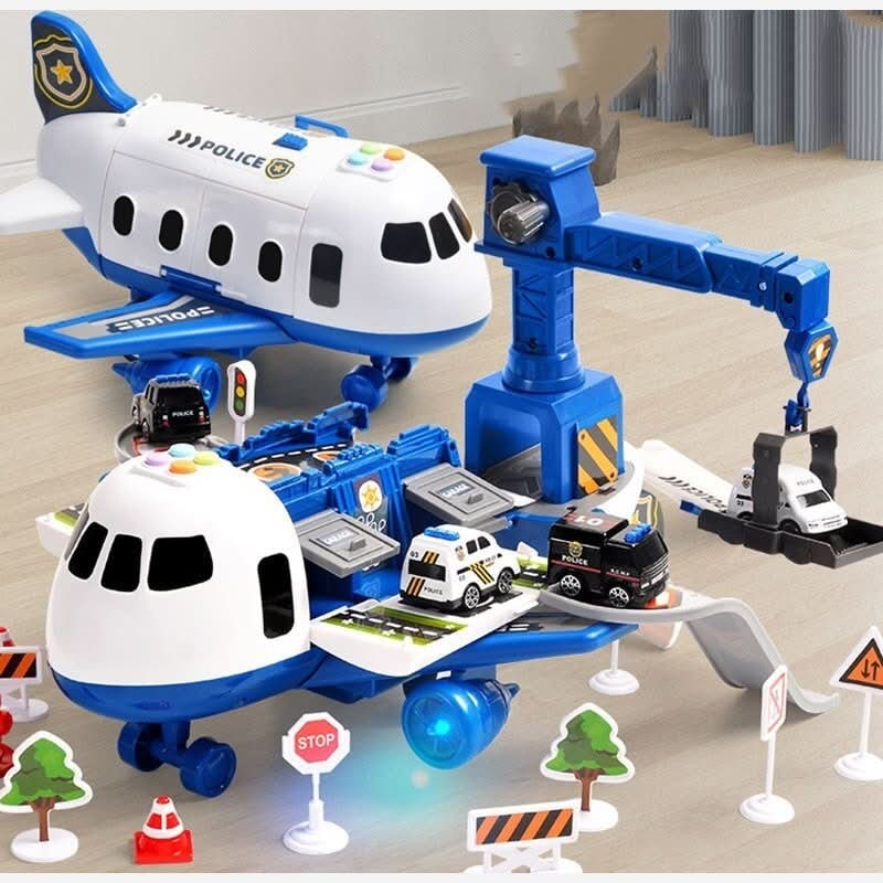 Airplane Toy Playset with Foldable Cargo Ramps Working Crane and Mini Vehicles - Image 8