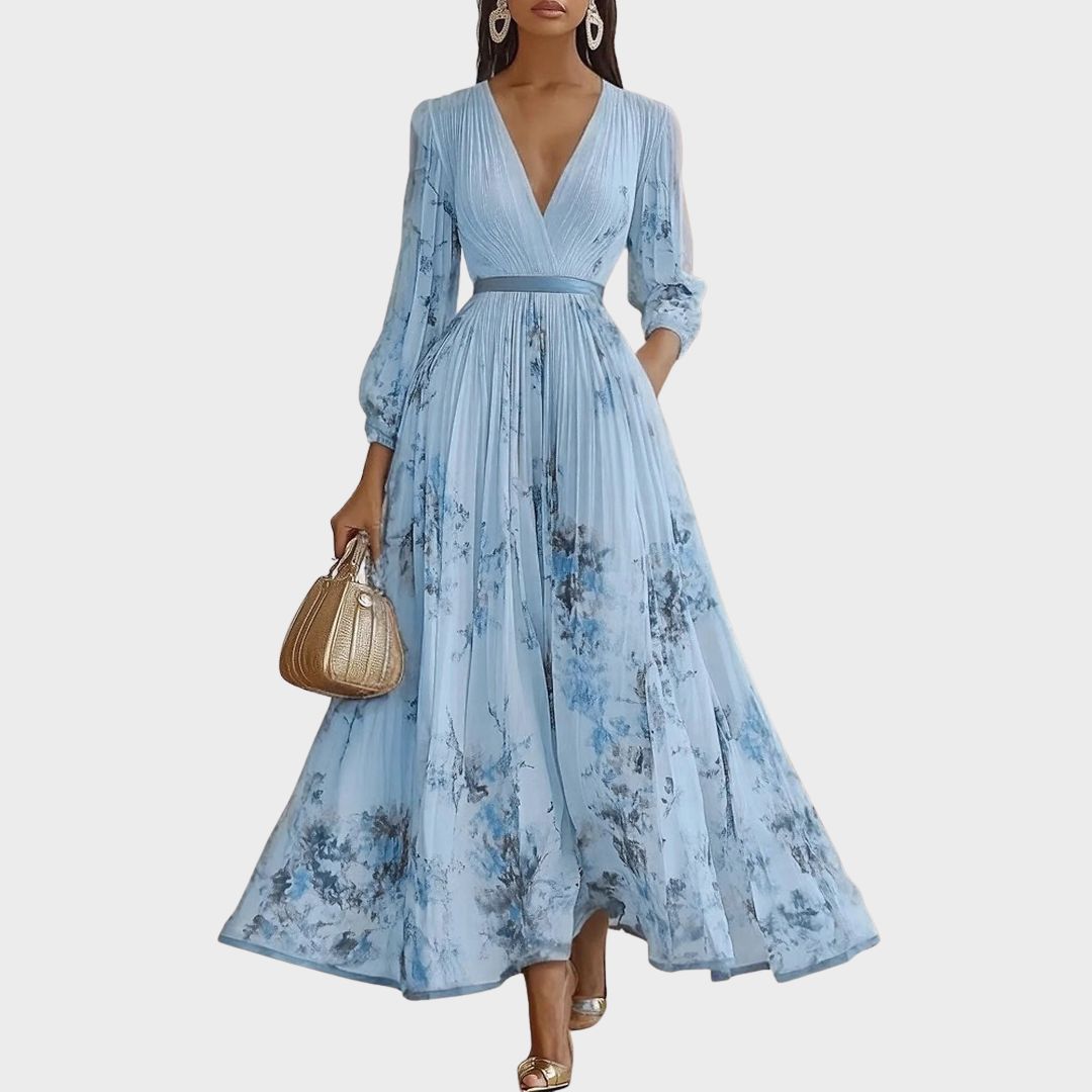 Allegra | Abito Lungo Donna Plissettato Scollo V Blu