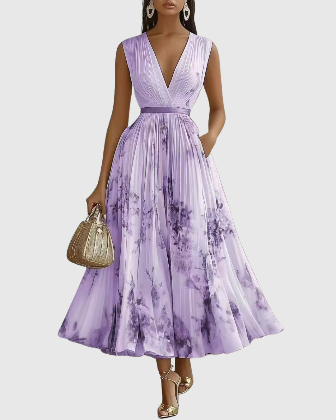 Allegra | Abito Lungo Donna Plissettato Scollo V Viola