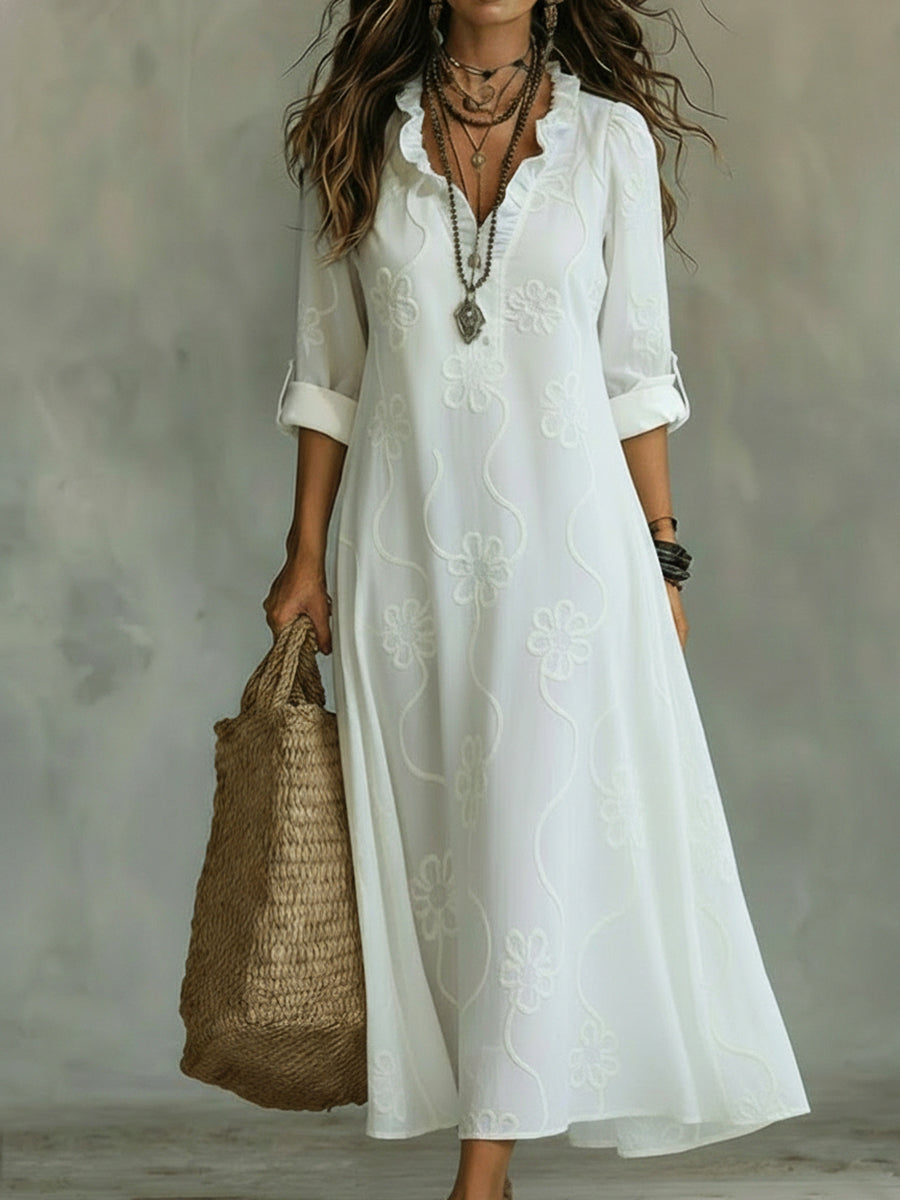 Aurora | Abito Donna Maxi Ricamo Floreale Bianco