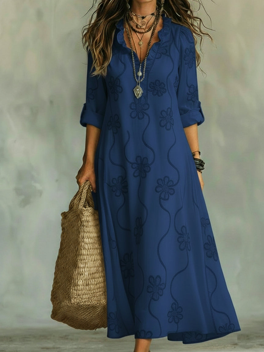 Aurora | Abito Donna Maxi Ricamo Floreale Blu Navy
