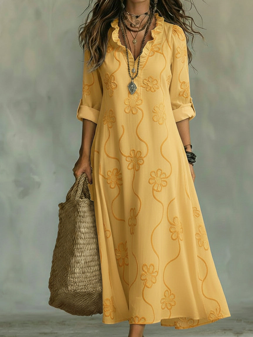Aurora | Abito Donna Maxi Ricamo Floreale Giallo