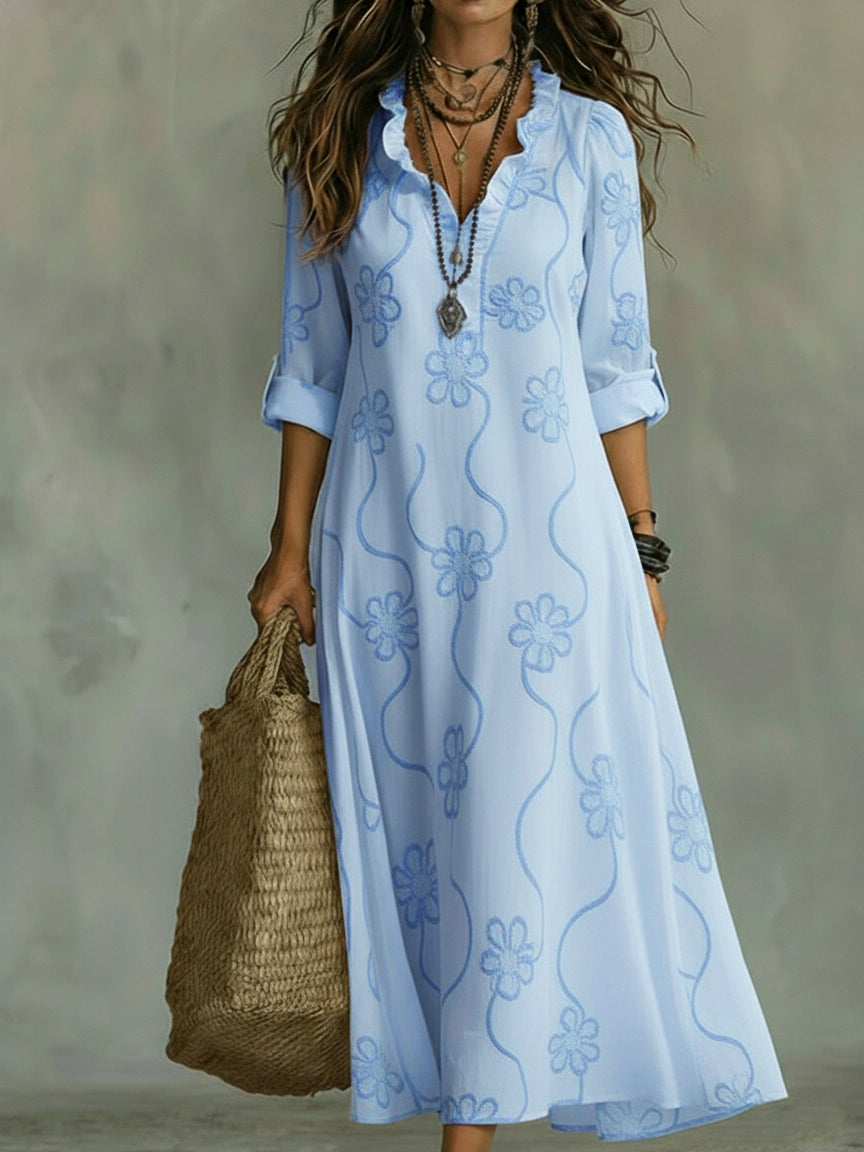 Aurora | Abito Donna Maxi Ricamo Floreale Blu