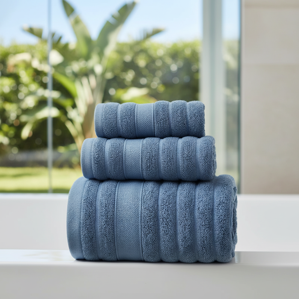 Bath Towel Set for Bathroom with 100% Cotton Terry Cloth Ribbed Stripe - Image 1