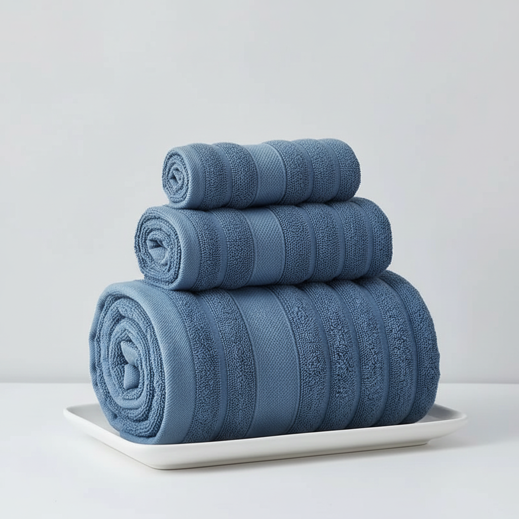Bath Towel Set for Bathroom with 100% Cotton Terry Cloth Ribbed Stripe - Image 2