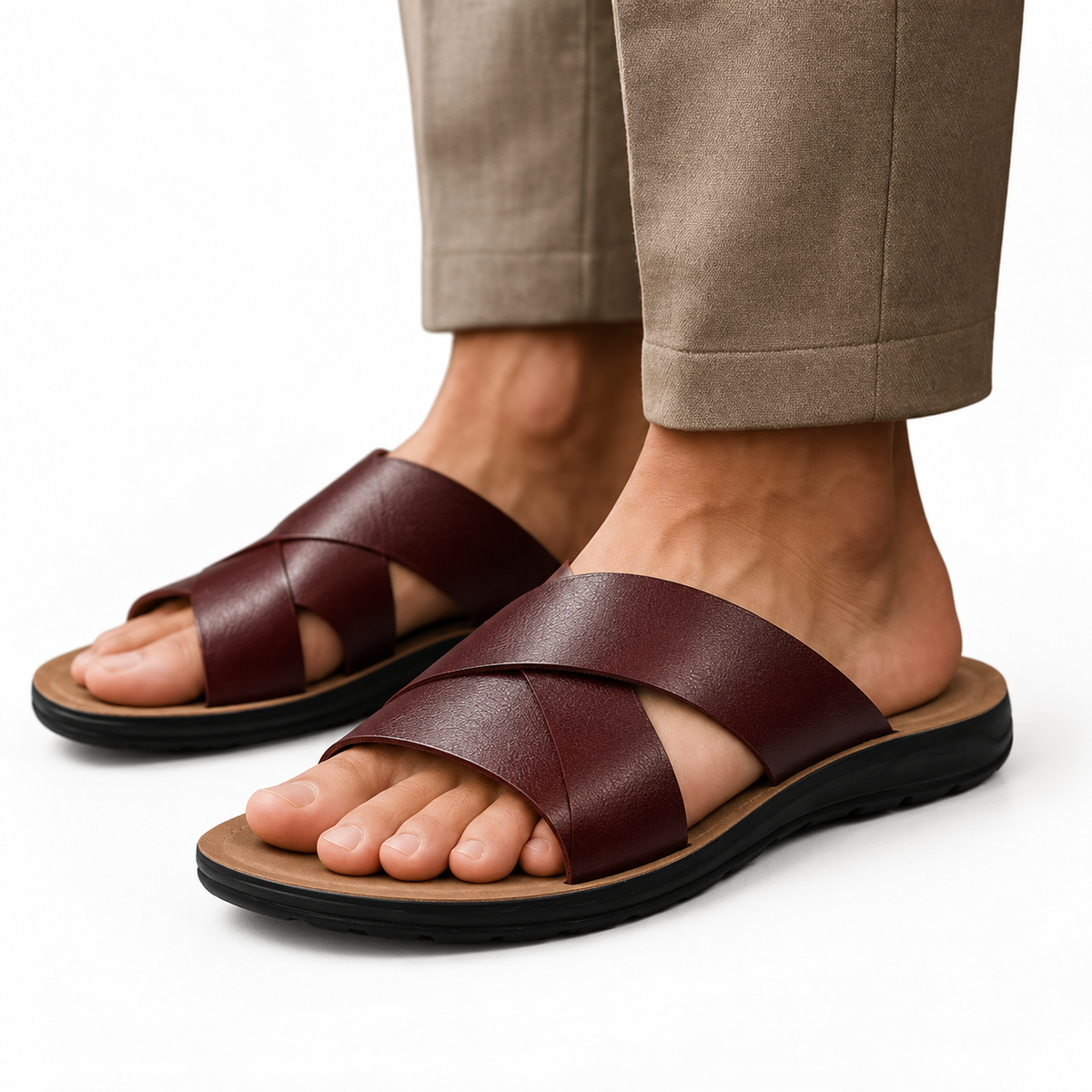 Sandales pour hommes en cuir avec bride croisée et semelle moulée ergonomique