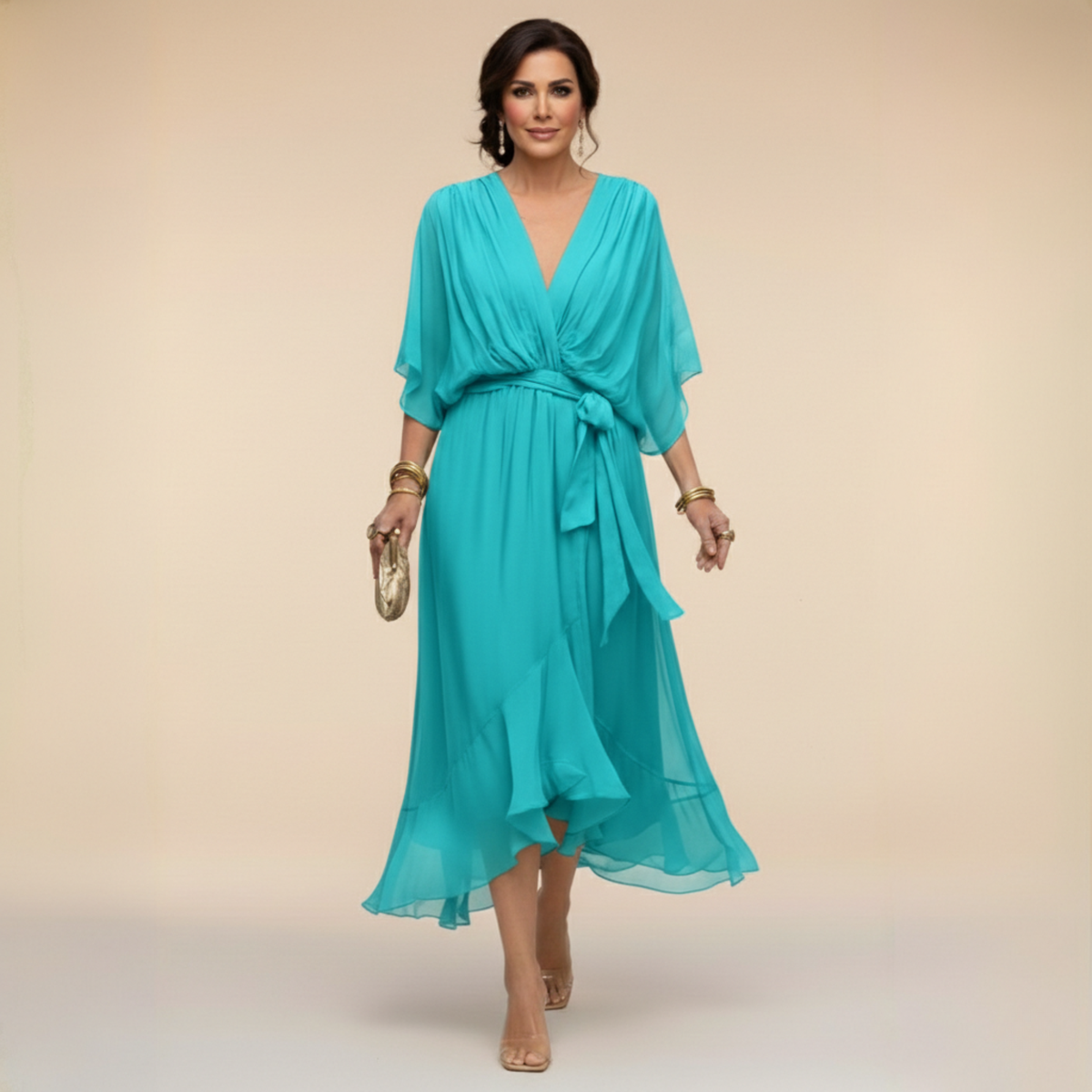 Beatrice | Abito in Chiffon Donna Scollo V Midi Blu Navy