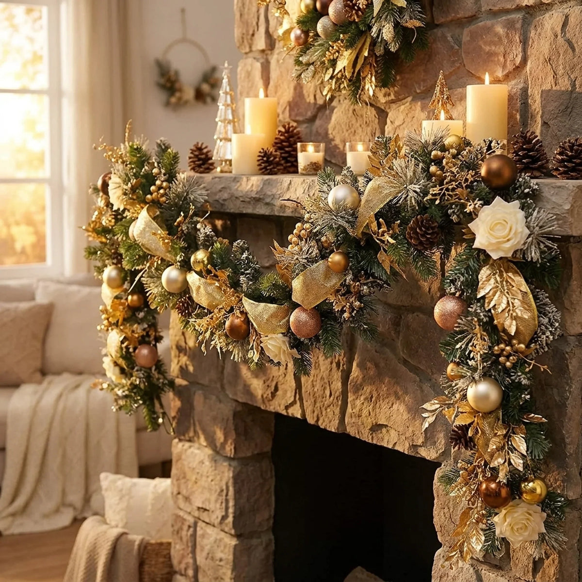 Christmas Garland for Mantle with Ornaments Artificial Decorated Pine and Roses - Image 2