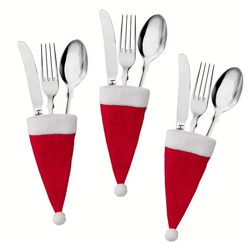 Christmas Table Decorations with Santa Hat Cutlery Holders and Bottle Toppers Set of 12 cm - Image 6