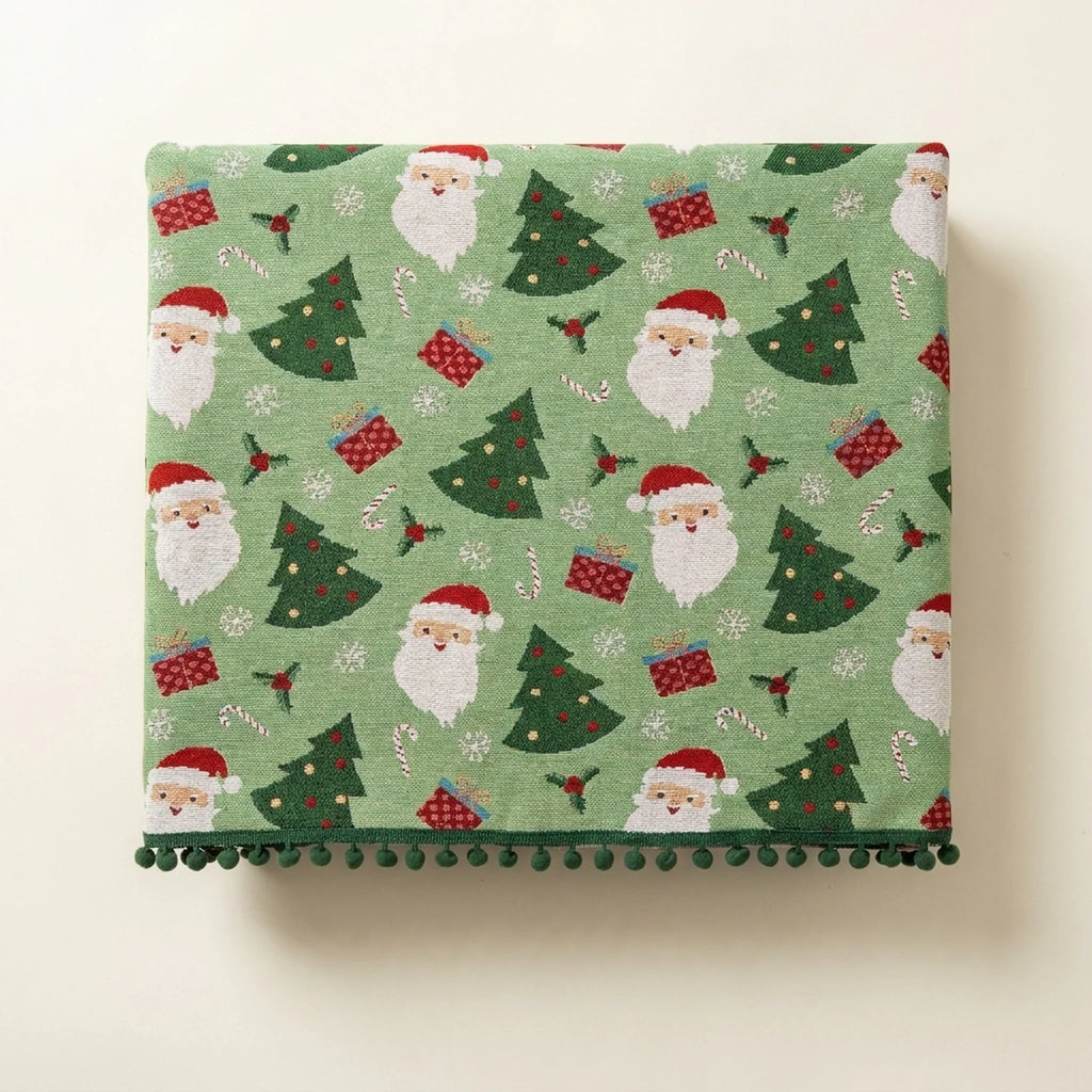 Christmas Tablecloth Rectangular Festive with Pom Trim and Santa Tree Gift Print - Image 2