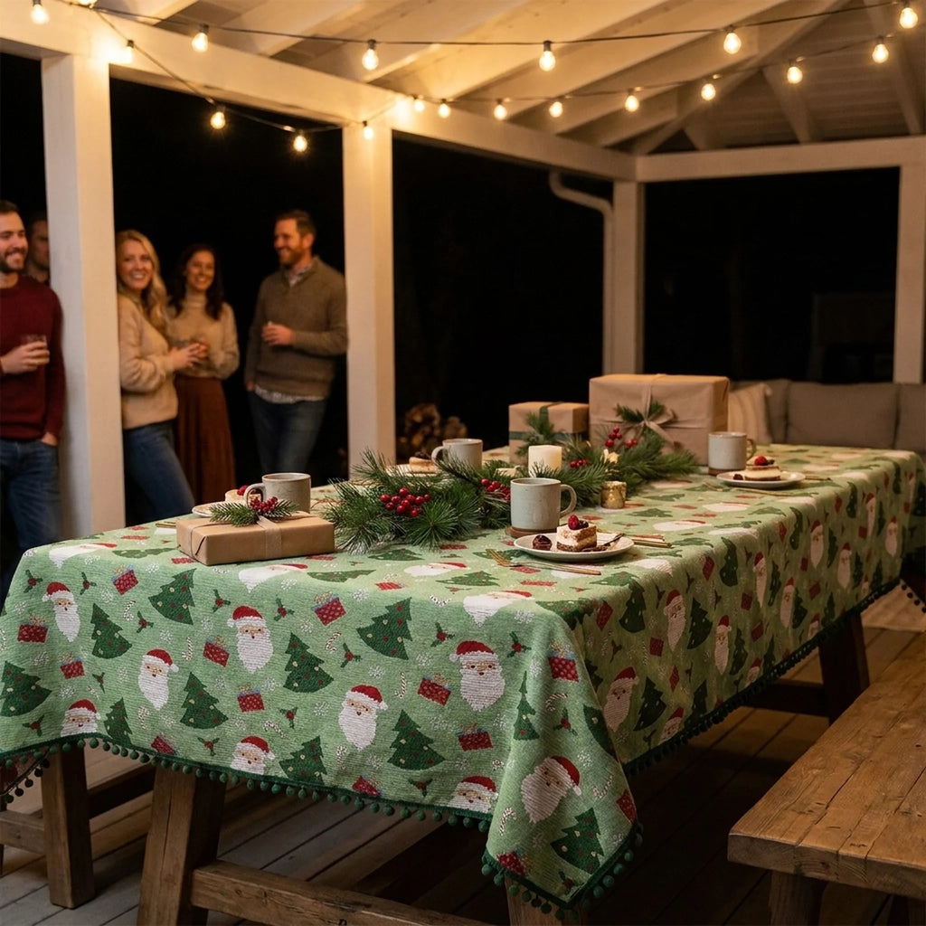 Christmas Tablecloth Rectangular Festive with Pom Trim and Santa Tree Gift Print - Image 4