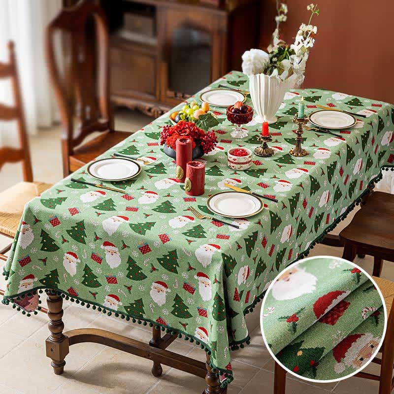 Christmas Tablecloth Rectangular Festive with Pom Trim and Santa Tree Gift Print - Image 5