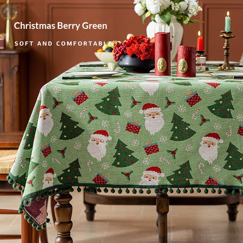 Christmas Tablecloth Rectangular Festive with Pom Trim and Santa Tree Gift Print - Image 7