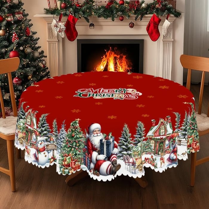 Christmas Tablecloth Round with Scalloped Edges and Festive Holiday Print - Image 3