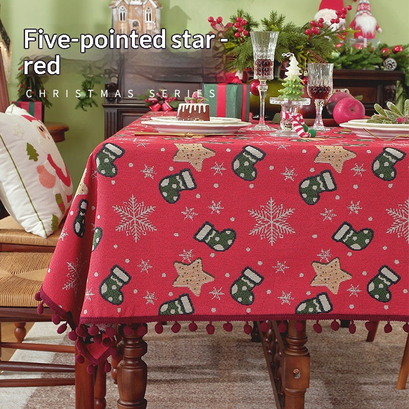 Christmas Tablecloth with Pom-Pom Fringe Snowflake and Festive Holiday Pattern - Image 7
