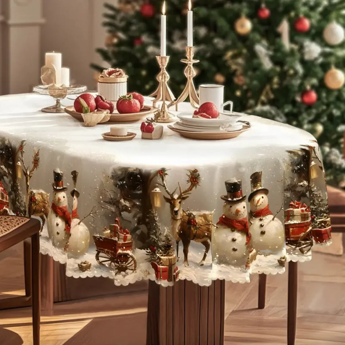Christmas Tablecloth with Snowman and Reindeer Print Scalloped Hem Machine Washable - Image 2