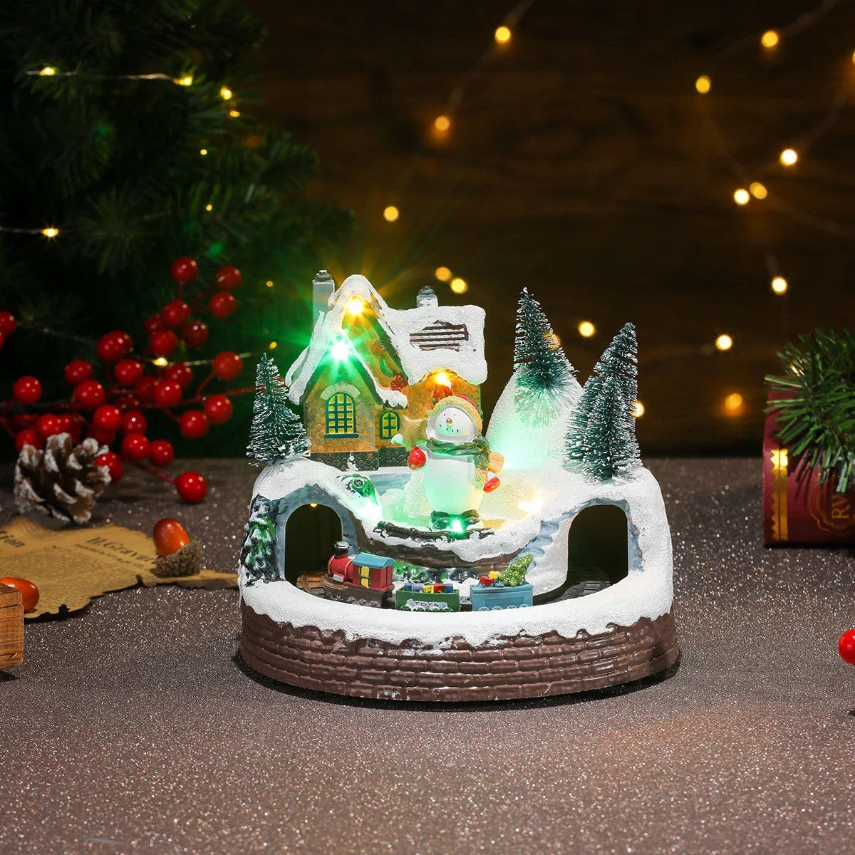 Christmas Village with Animated Lights Train and Rotating Tree Tabletop Display - Image 27