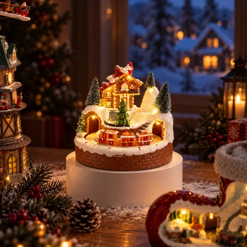 Christmas Village with Animated Lights Train and Rotating Tree Tabletop Display - Image 3