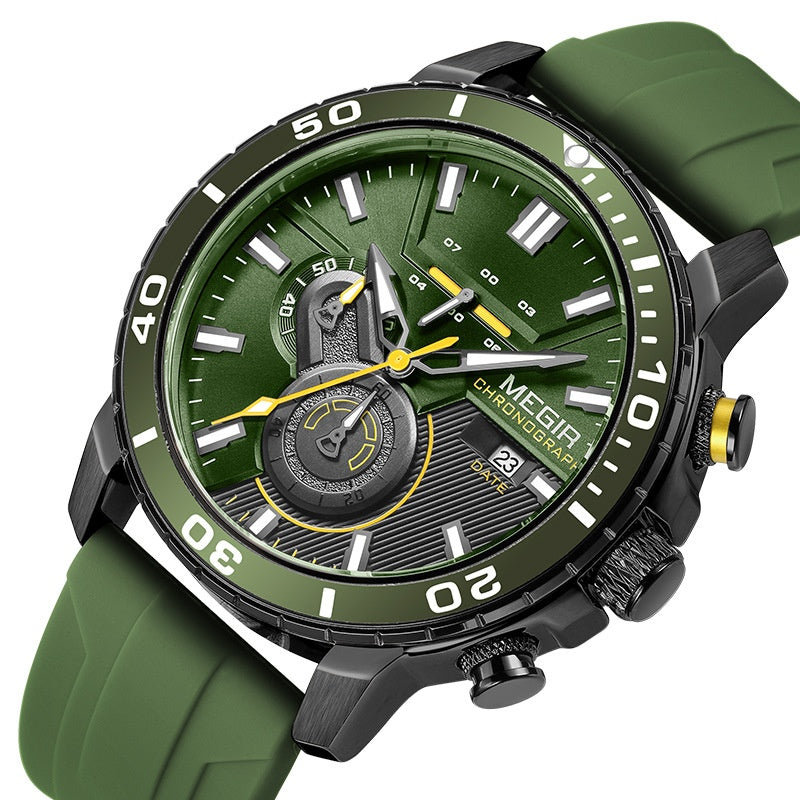 Chronograph Watch with Silicone Strap Subdials and Gold and Silver Tone Case - Image 1