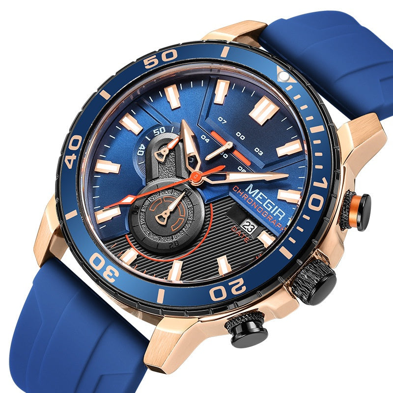 Chronograph Watch with Silicone Strap Subdials and Gold and Silver Tone Case - Image 2