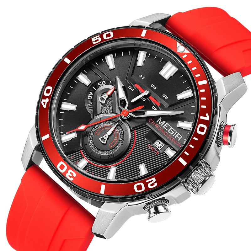 Chronograph Watch with Silicone Strap Subdials and Gold and Silver Tone Case - Image 3