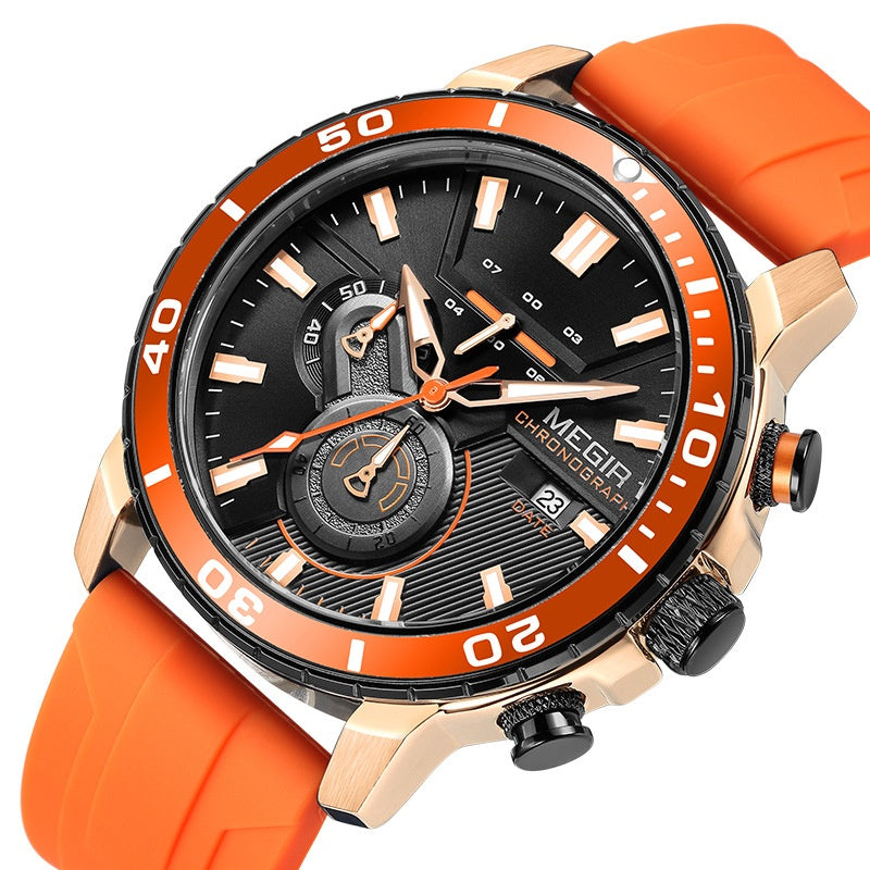 Chronograph Watch with Silicone Strap Subdials and Gold and Silver Tone Case - Image 4