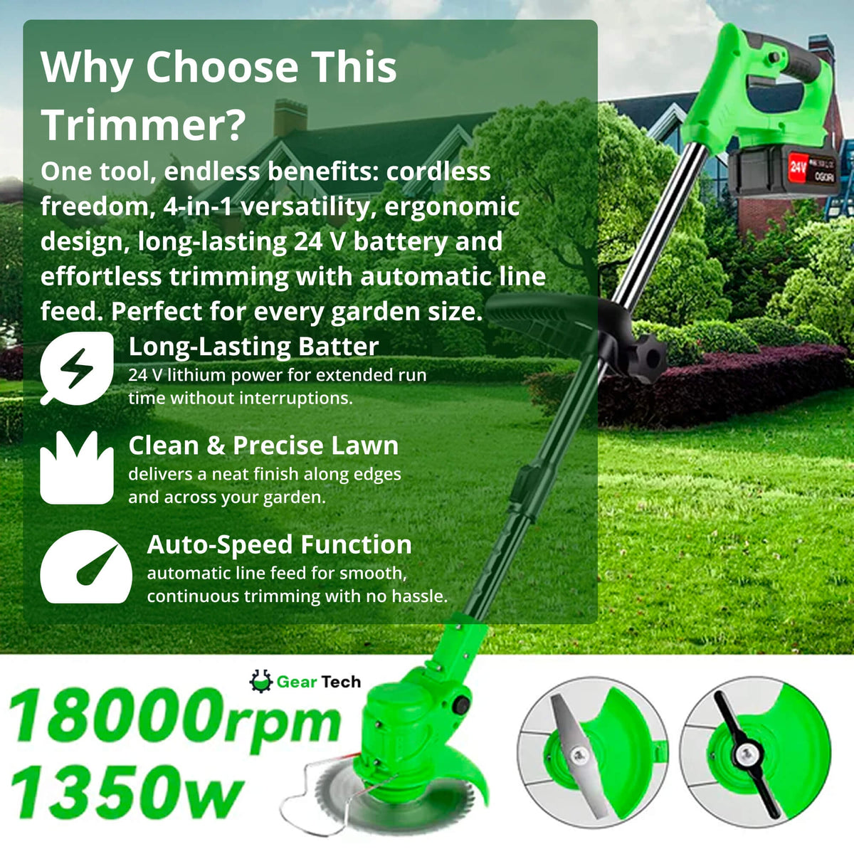 Cordless Grass Trimmer with Adjustable Head and Attachable Support Wheels - Image 3
