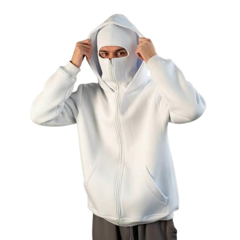 Unisex Kapuzenpullover mit durchgehendem Reißverschluss und integrierter Gesichtsmaske