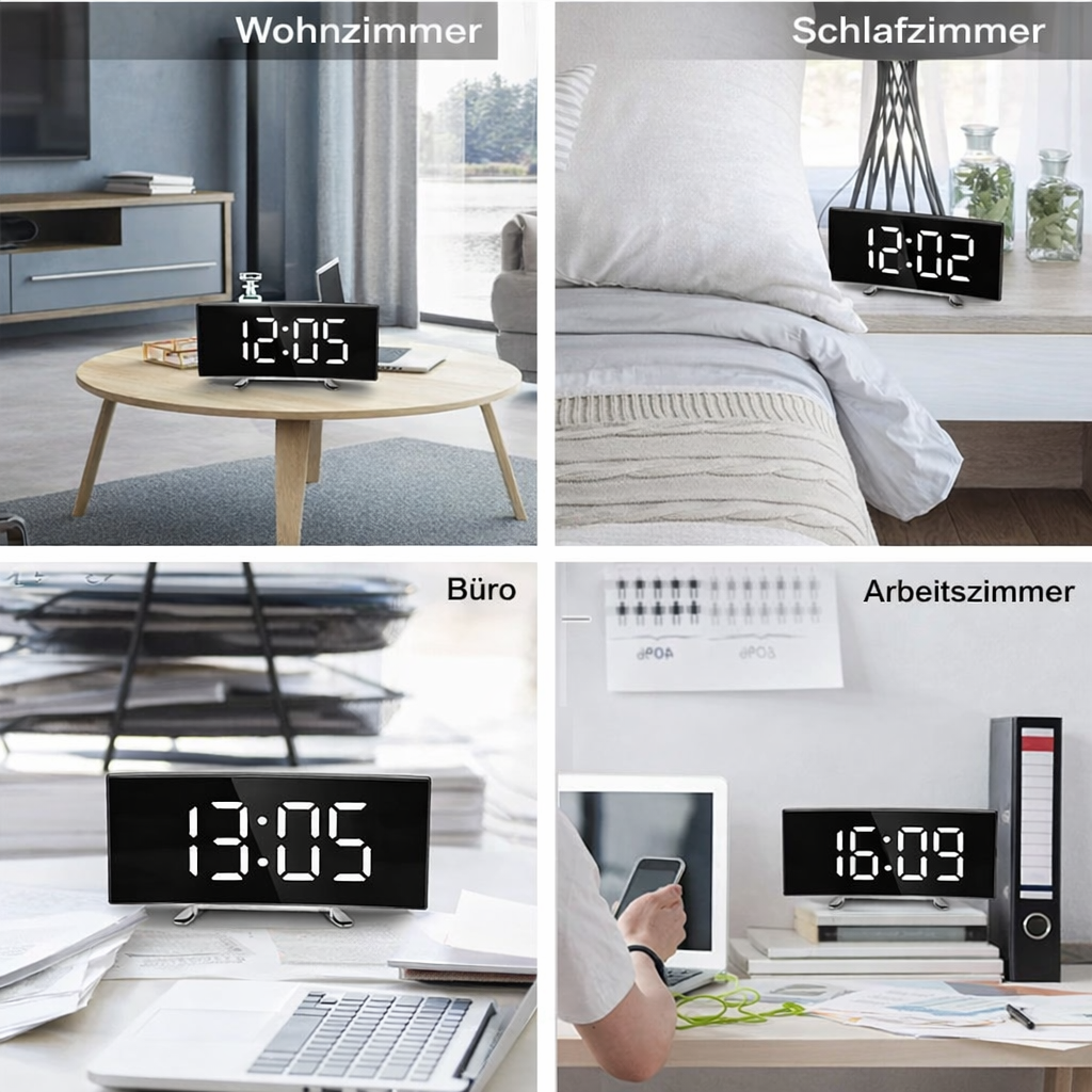 Digital Alarm Clock with Curved Mirror LED Display and Auto Dimming - Image 2