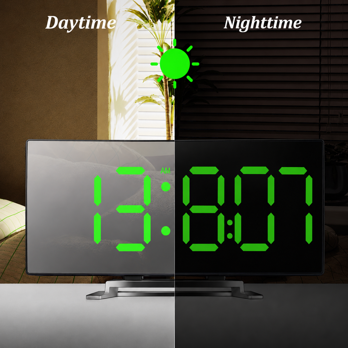 Digital Alarm Clock with Curved Mirror LED Display and Auto Dimming - Image 3