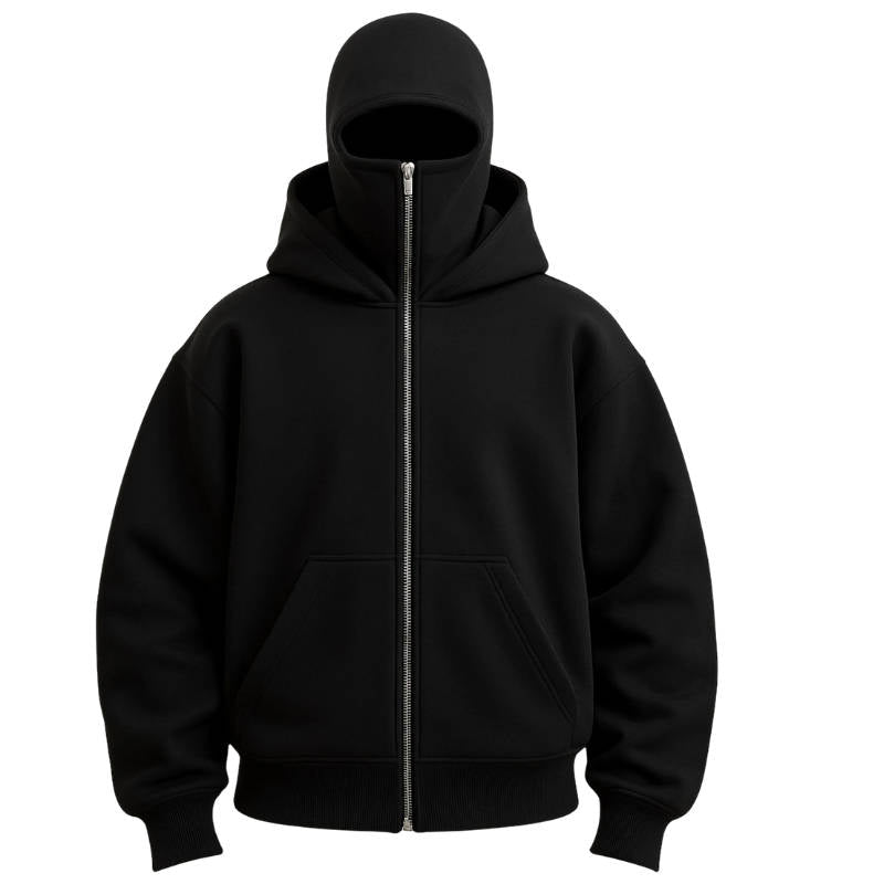 Unisex Kapuzenpullover mit durchgehendem Reißverschluss und integrierter Gesichtsmaske