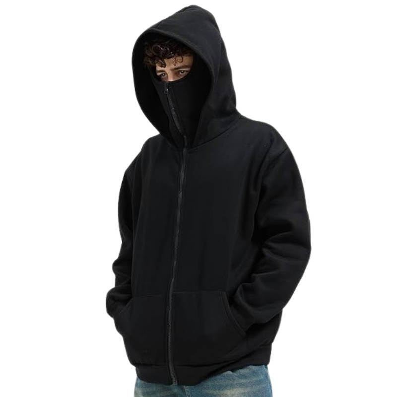 Unisex Kapuzenpullover mit durchgehendem Reißverschluss und integrierter Gesichtsmaske