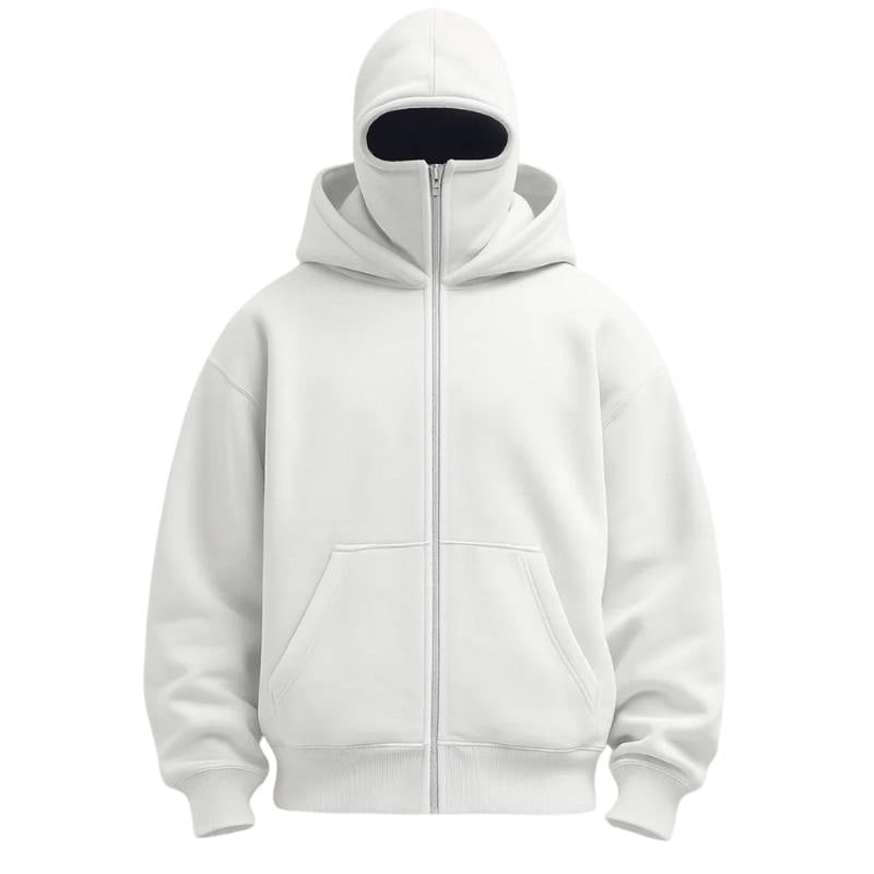 Unisex Kapuzenpullover mit durchgehendem Reißverschluss und integrierter Gesichtsmaske