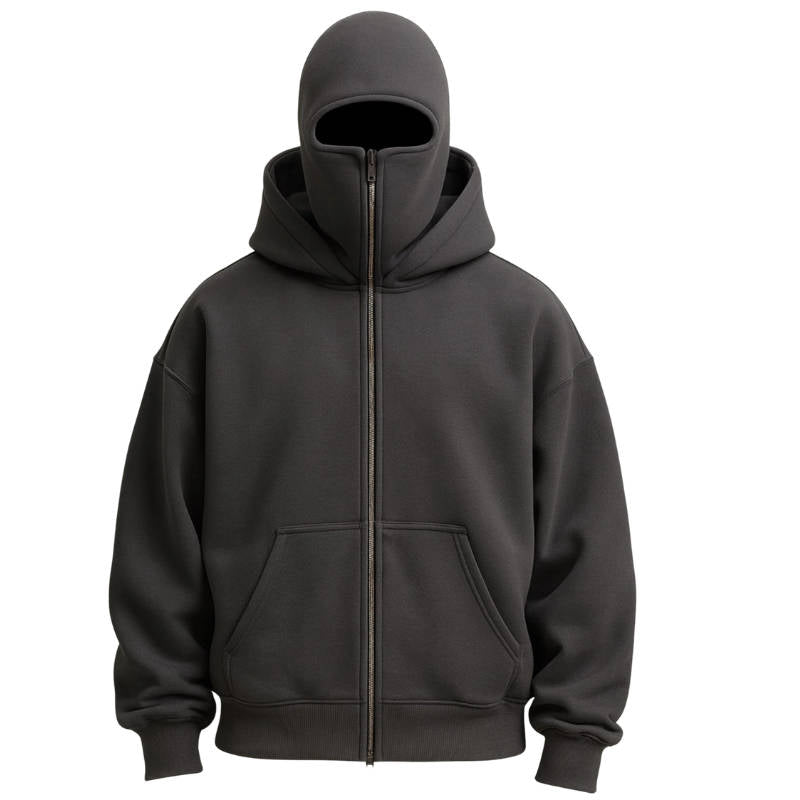 Unisex Kapuzenpullover mit durchgehendem Reißverschluss und integrierter Gesichtsmaske