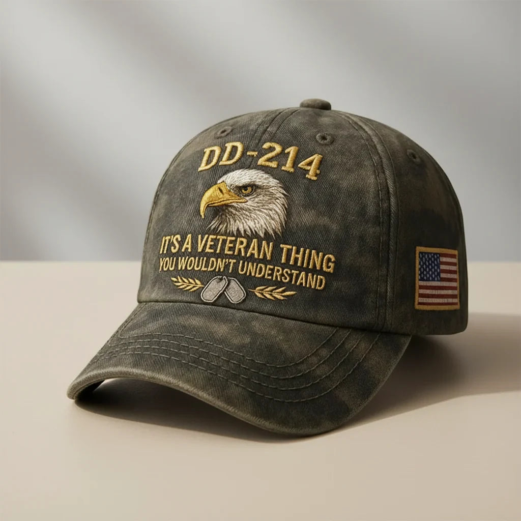 Embroidered Veteran Baseball Cap with Washed Vintage Finish and Flag Patch - Image 1
