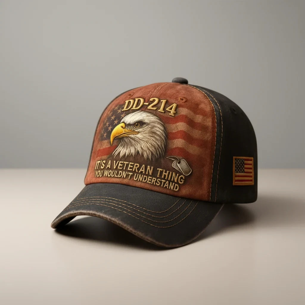 Embroidered Veteran Baseball Cap with Washed Vintage Finish and Flag Patch - Image 2