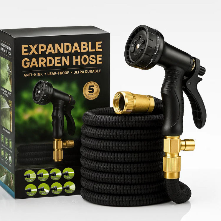 Expandable Garden Hose with 8-Pattern Spray Nozzle Brass Connectors and Anti-Kink Design - Image 1