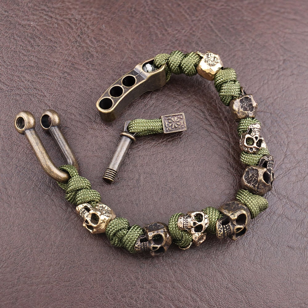 Gents Gold Plated Copper Bracelet with Skull Beads Adjustable Shackle Clasp Mens - Image 1