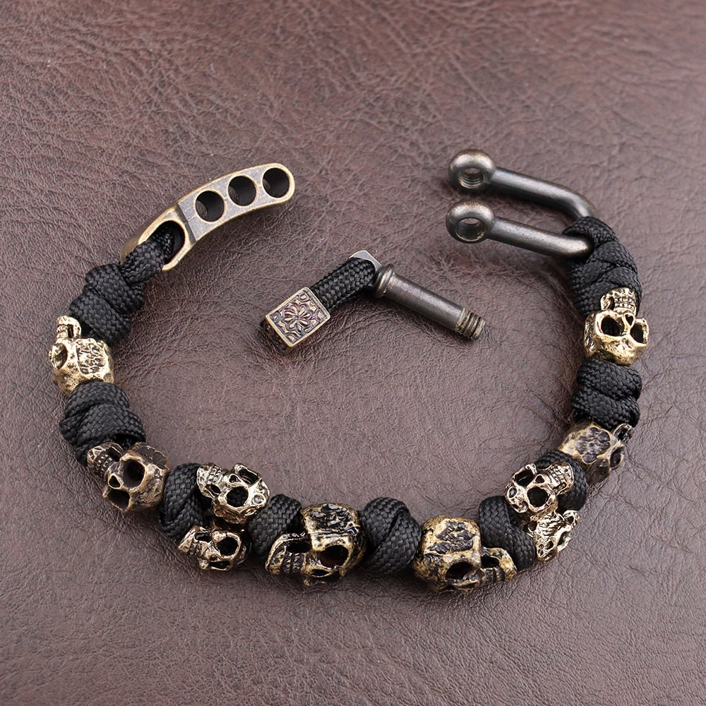 Gents Gold Plated Copper Bracelet with Skull Beads Adjustable Shackle Clasp Mens - Image 2