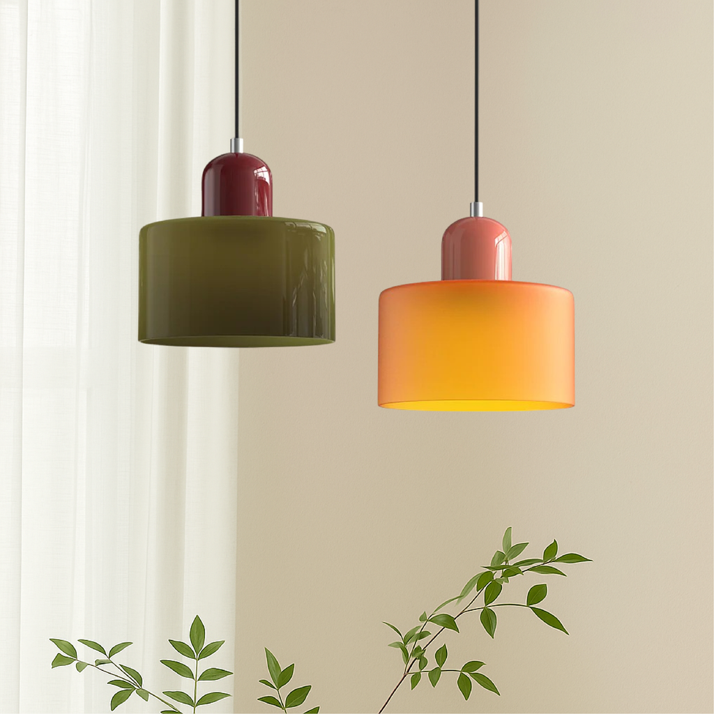 Glass Pendant Lights with Two-Tier Drum Shade and Mid-Century Modern Design - Image 1