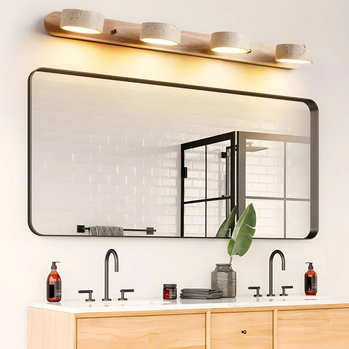 LED Wall Sconce with Travertine Stone and Wood Base Modern Adjustable Lighting - Image 6