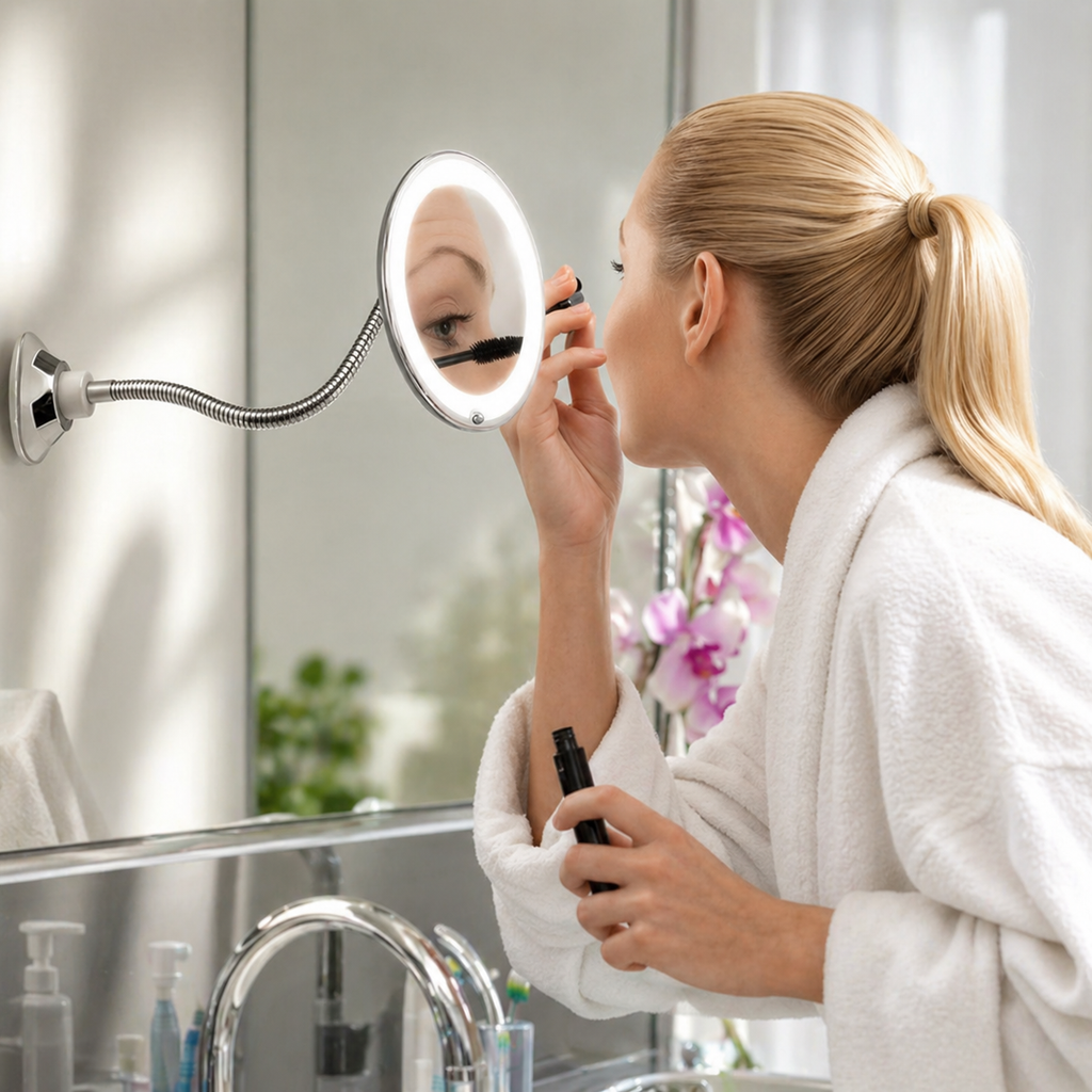 Lighted Magnifying Makeup Mirror with Flexible Gooseneck Suction Mount and 10x LED Light - Image 1